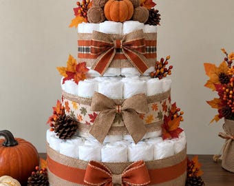 Fall Diaper Cake for Baby Shower, 3 Tier Pumpkin Diaper Cake Autumn Baby Gift, Teddy Bear Diaper Cake, Newborn Gift Basket,