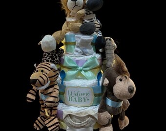 Safari Wild Animals Baby Diaper Cake , Pastel Colors Shower , Cemterpiece , Jungle, Neutral Colors