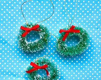 3 Miniature Christmas Frosted Sisel Wreaths for Craft 1.5 inch diameter