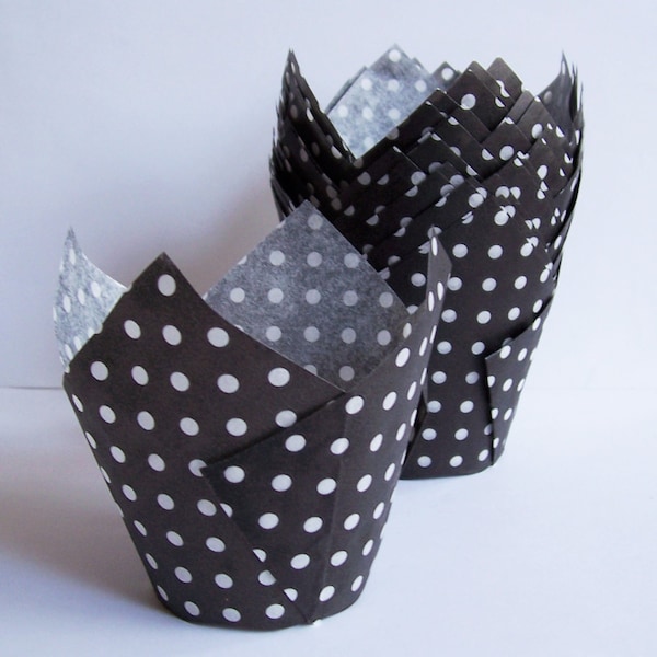 24 Black with White Dots Tulip Cupcake Liners