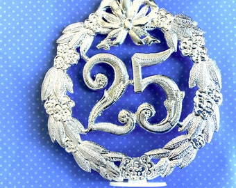25th Anniversary Silver Plastic Cake Topper Large Decoration 5 1/2” h, 5” w Vintage May have Paint Loss