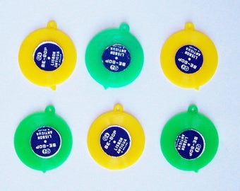 6 Miniature Retro Record Charms or Cake Toppers Yellow and Green Labels