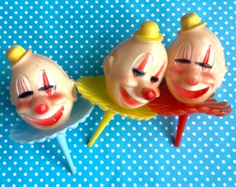 Three Vintage 3 inch Retro Kitschy Large Clown Cupcake Toppers