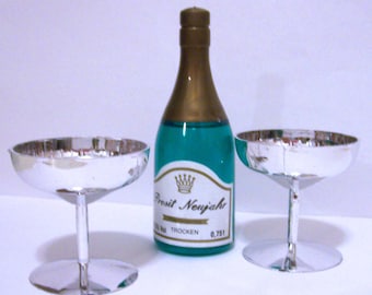 Champagne Bottle and Silver Glasses Cake Toppers Decorations Plastic
