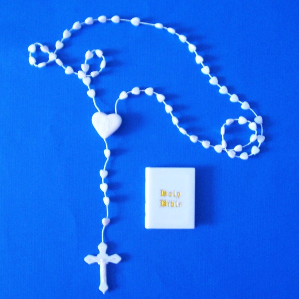 Rosary Beads and Bible Cake Decoration Plastic, Bible is 1 3/4" by 1 3/8"