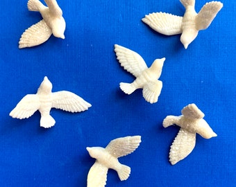 6 Slightly Off White Glitter Doves Miniature 2" wide Vintage