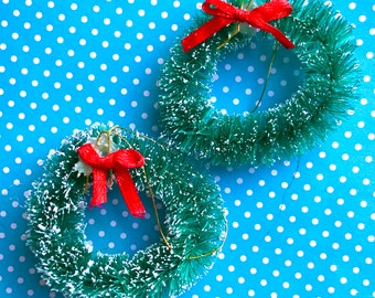 2 Miniature Christmas Frosted Sisel Wreaths for Craft 2 inch diameter