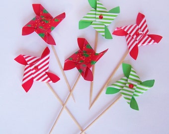 6 Pinwheel Cupcake Picks Christmas Theme