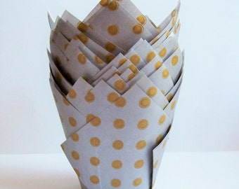 24 Silver with Gold Dot Tulip Paper Cupcake Liners