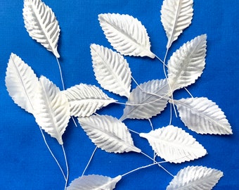 12 White Fabric Leaves  on Wire, Leaf is 2.5” inches high