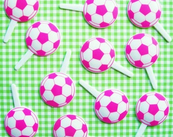 12 Pink and White Soccer Cupcake Picks