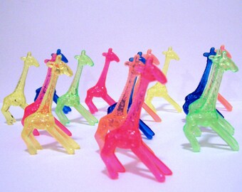 12 Colorful Plastic Giraffe Charms- No Yellow 2” tall