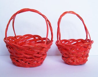 Two Orange Wicker Baskets Miniature  3&quot;tall, and 2 3/4&quot;tall
