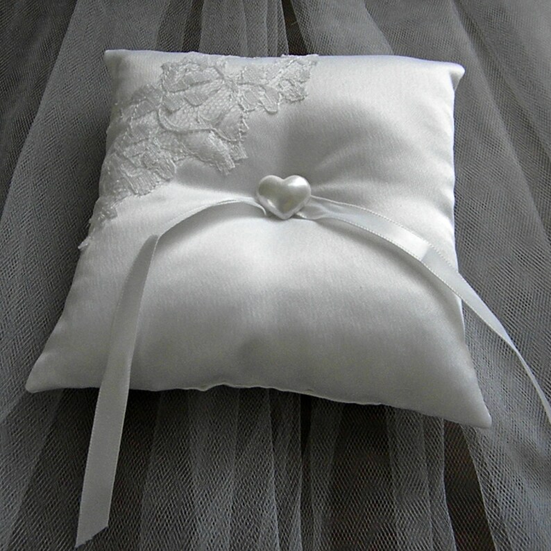 Lace Ring Bearer Pillow white satin small heart ribbon Lace Etsy