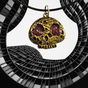 Bronze Skull Necklace with Red Stones – Vintage Gothic Pendant | Handmade Mystic Statement Jewelry