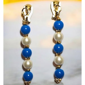 Blue-White Clip-On Earrings with Glass Beads – Handmade