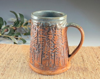 Handmade Ceramic Mountain Woodland Mug 26 oz Large Porcelain Forest Tankard in Rustic Green