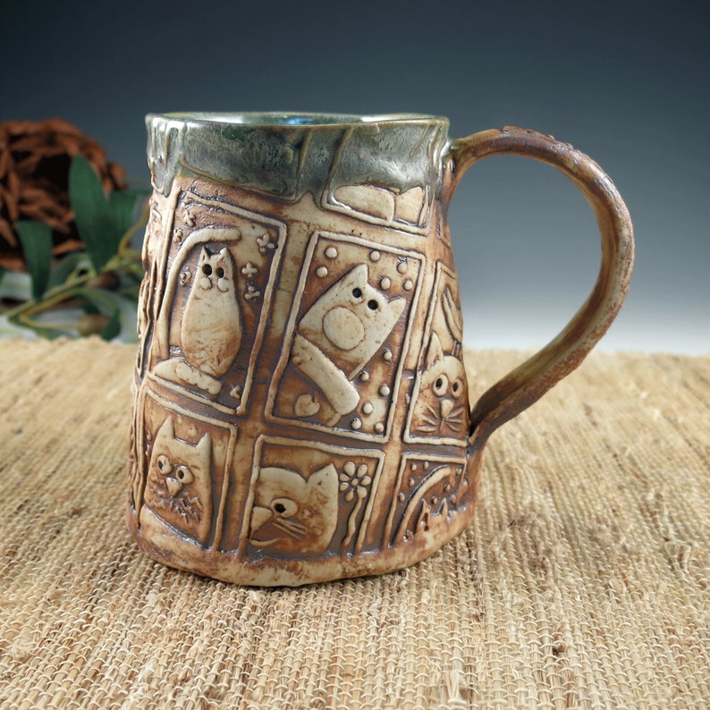 Cat Lover Coffee Mug, Handmade Pottery Tankard in Natural and Green, Large Ceramic Porcelain Mug, Big Kitty Tea Cup, 18 oz image 1