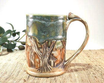 Unique Hand Carved Woodland Trees Pottery Mug, Handmade Large 14 oz Ceramic Coffee Cup with Original Mission Style Pattern