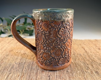 Handmade Pottery Mug with Camellia Flowers Rustic Green Hand Built Porcelain 14 oz Cup