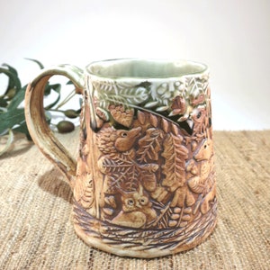 Handcrafted Large Pottery Mug with Woodland Animals, Unique 18 oz Hand Built Porcelain Cup image 1