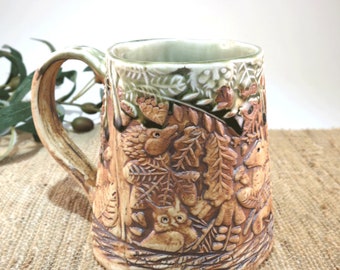 Handcrafted Large Pottery Mug with Woodland Animals, Unique 18 oz Hand Built Porcelain Cup