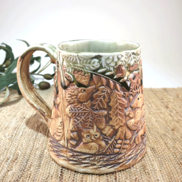 Handcrafted Large Pottery Mug with Woodland Animals, Unique 18 oz Hand Built Porcelain Cup