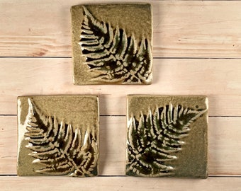 Kitchen Backsplash, Ceramic Tile, Green Accent Wall Tile, Handmade Set of 3, Rustic Fern Pattern, On Sale Clearance