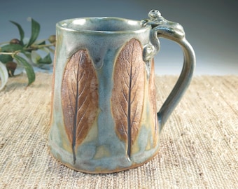 Handmade Ceramic Frog Mug, Rustic Leaf Pottery, 18 oz