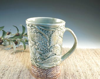 Handmade Porcelain Pottery Mug: 26 oz Botanical Berry Tankard