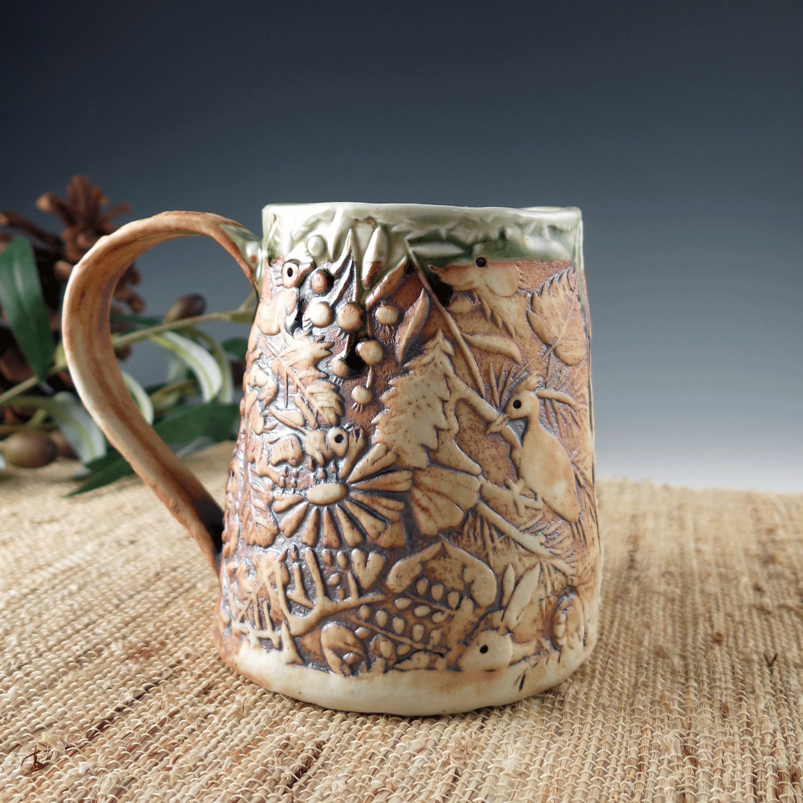 Handmade Pottery Mug with Woodland Animals, Large with Natural Brown and  Light Celedon Green : r/muglife