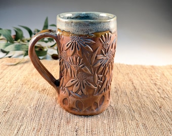 Handmade Pottery Mug with Echinacea Flowers - Rustic Green Glaze - 20 oz Coneflowers Cup