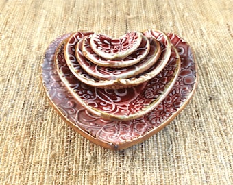 Red Heart Porcelain Ring Dishes, Scroll Pattern, Set of 6