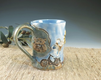 Hand Carved Porcelain Mug, Bicycle, Owl, Daisy Design, 14 oz