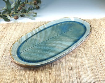 Fern Porcelain Serving Tray, Grayish Blue Glaze, Kitchen Decor