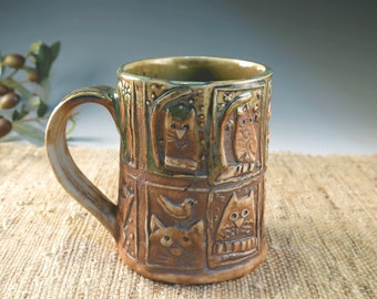 Cat Lover Coffee Mug, Handmade Pottery Cup in Natural and Green Tea, Holds 12 oz, Free Shipping