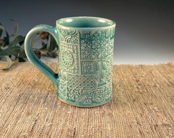 Handmade Porcelain Italian Lemon Mug - 14oz - Turquoise Glazed Carved Pottery Cup
