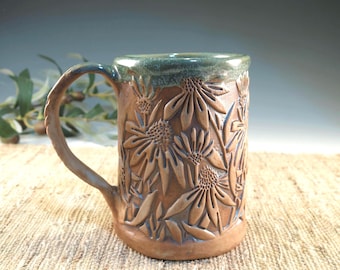 Handmade Pottery Mug with Echinacea Flowers - Rustic Green Glaze - 14 oz Coneflowers Cup