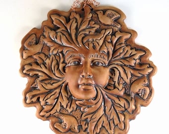Green Woman Pottery Plaque, Hand Carved Porcelain Garden Goddess