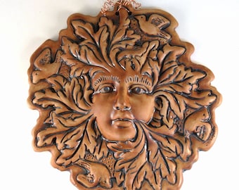 Green Woman Pottery Plaque, Greenwoman Wall Hanging, Hand Carved Ceramic Garden Goddess, Female Tree Spirit, Porcelain Greenman Sculpture