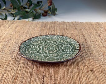 Handmade Mandala Porcelain Pottery Soap Dish, Spoon Rest, Candle Holder, Jewelry Tray in Celedon Green