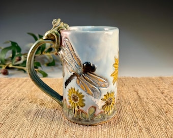 Handmade Porcelain Mug with Sunflowers, Frog and Butterflies - 14 oz
