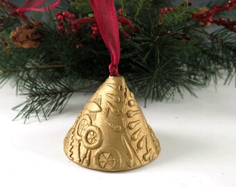Gold Christmas Bell, Handmade Holiday Ornament, Ceramic Christmas Decoration