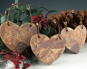 Christmas Ornament, Handmade Heart Woodland Nature Inspired Holiday Decoration, Botanical Pottery Tree Trimmer