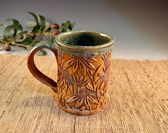 Echinacea Flowers Handmade Pottery Mug  - Rustic Green Glaze  12 oz Coneflowers Cup