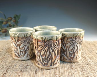 Handmade Echinacea Flower Porcelain Shot Clay Glass for Espresso, Whiskey, or Sake - 4 oz