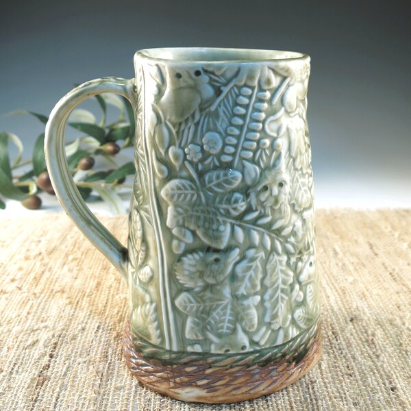 Extra Large 28 oz Handmade Ceramic Pottery Mug with Animal Creatures - Celedon Green Porcelain Tankard or Stein