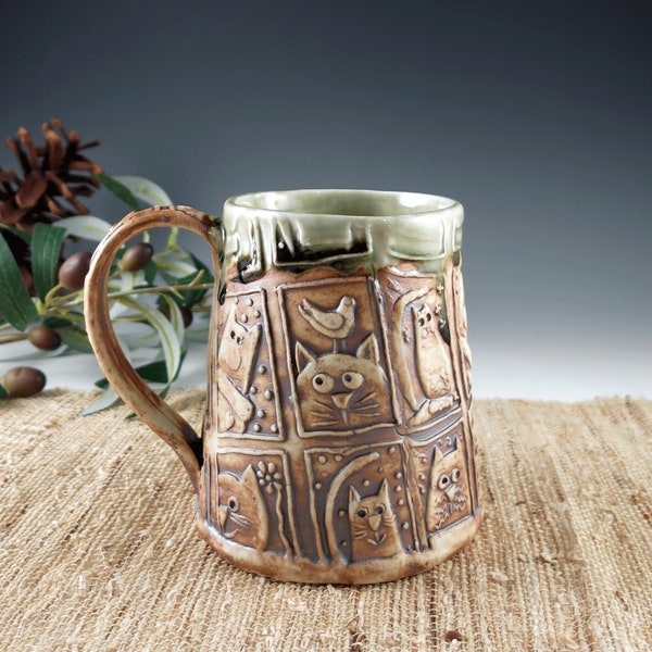 Cat Lover Coffee Mug, Handmade Pottery Tankard in Natural and Celedon Green, Large Ceramic Mug, 18 oz, Free Shipping