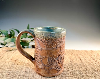 Handbuilt Bird Aviary Pottery Mug - Rustic Green Glaze 14 oz