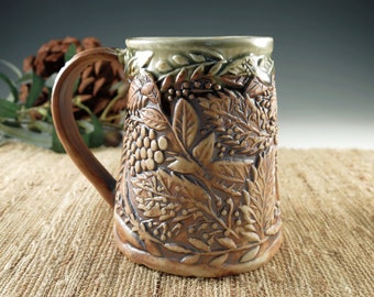 Large 18 oz Handmade Ceramic Pottery Mug with Berries, Leaves and Branches, Light Celedon Green Porcelain Botanical Tankard